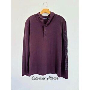 Calvin Klein Mens Henley Shirt Purple Long Sleeve Hooded Buttons Cotton XL New